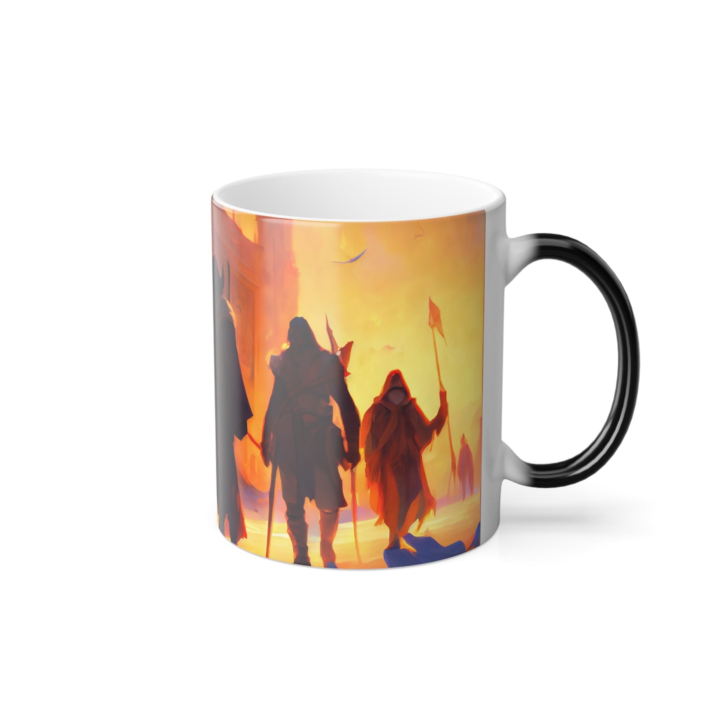 a dnd adventuring party traveling, temple to the gods of despair at golden hour, Uzbekistan wilderness, winter atmosphere, five figures, fantasy heroes - Color Morphing Mug, 11oz