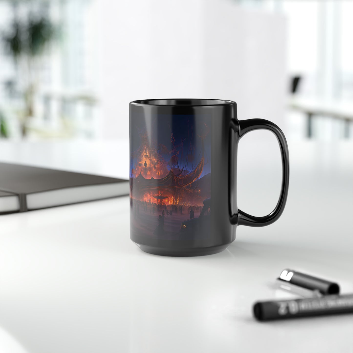 Digital painting of an awe-inspiring night scene at Burning Man, showcasing epic and intricate art installations -  Mug, Black