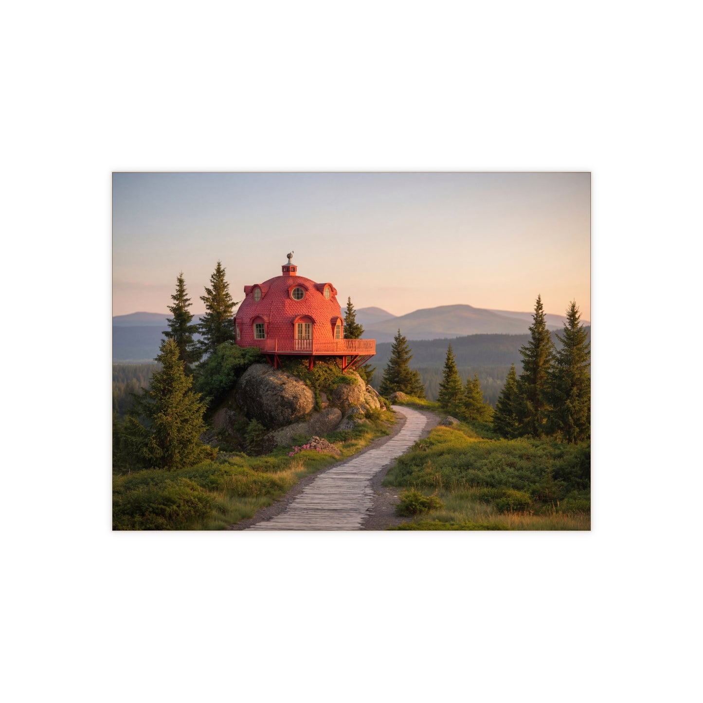 Red Dome Cottage Ceramic Photo Tile – Sunset Sanctuary on the Ridge