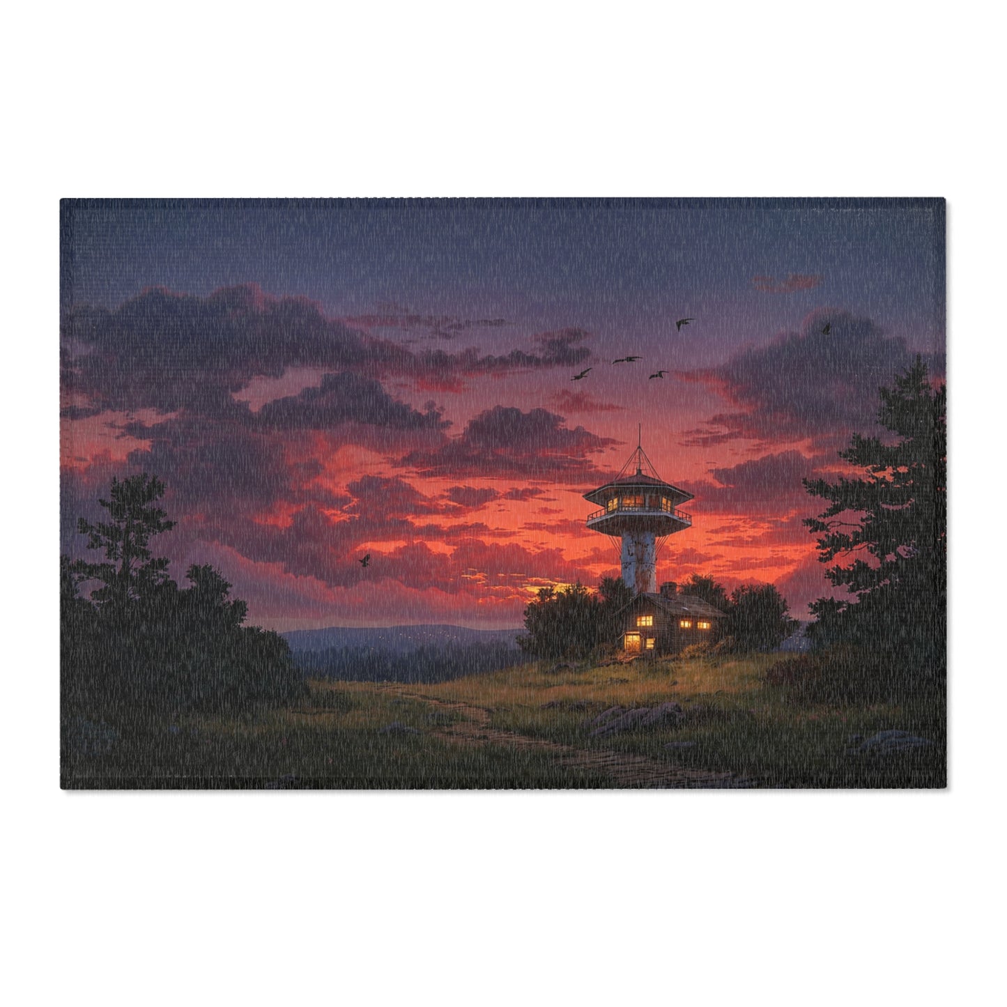 Sunset Sentinel Tower Rug – Warm Glow Over Mountain Path