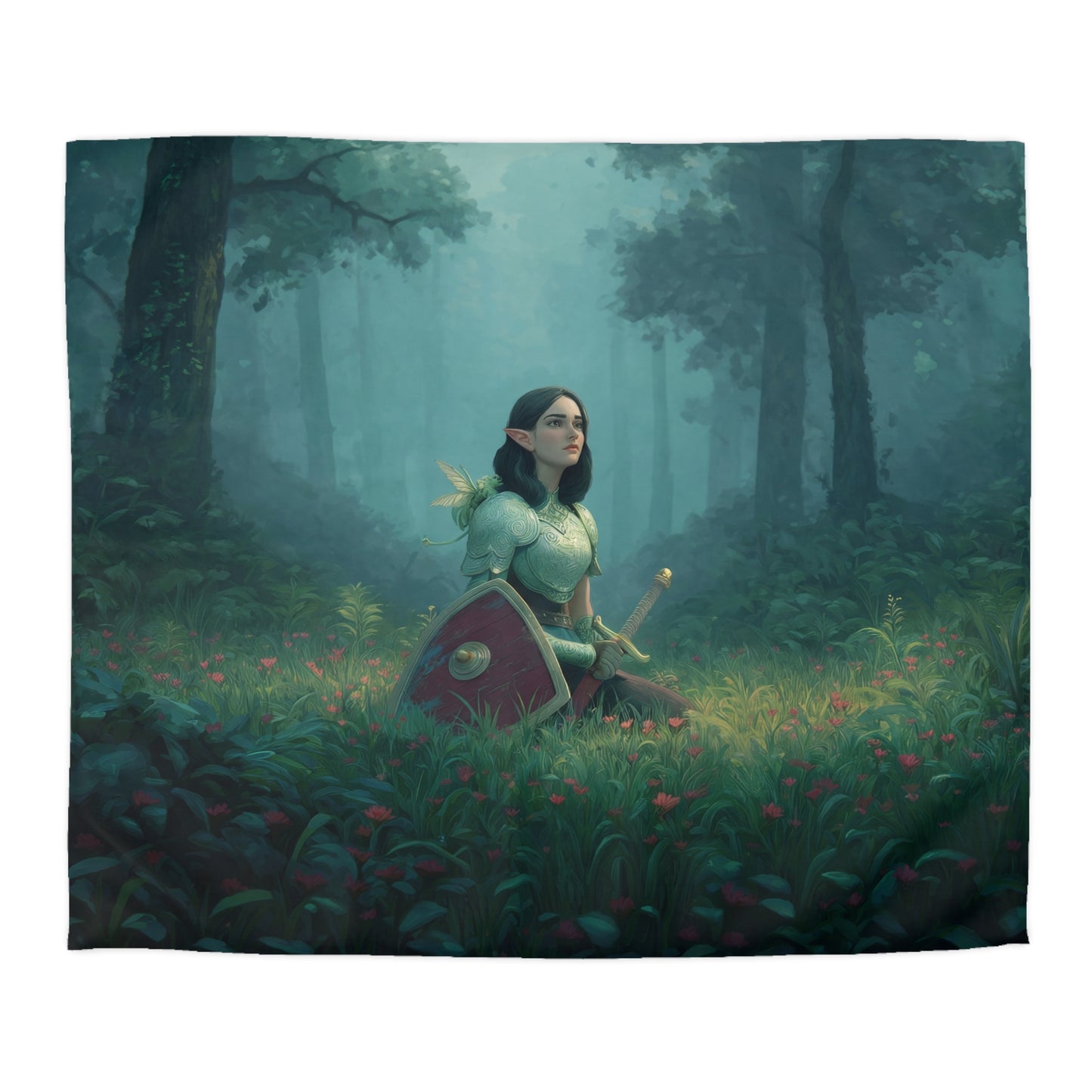 Sentinel Elf Forest Guardian Duvet Cover – Misty Grove Knight Resting Scene
