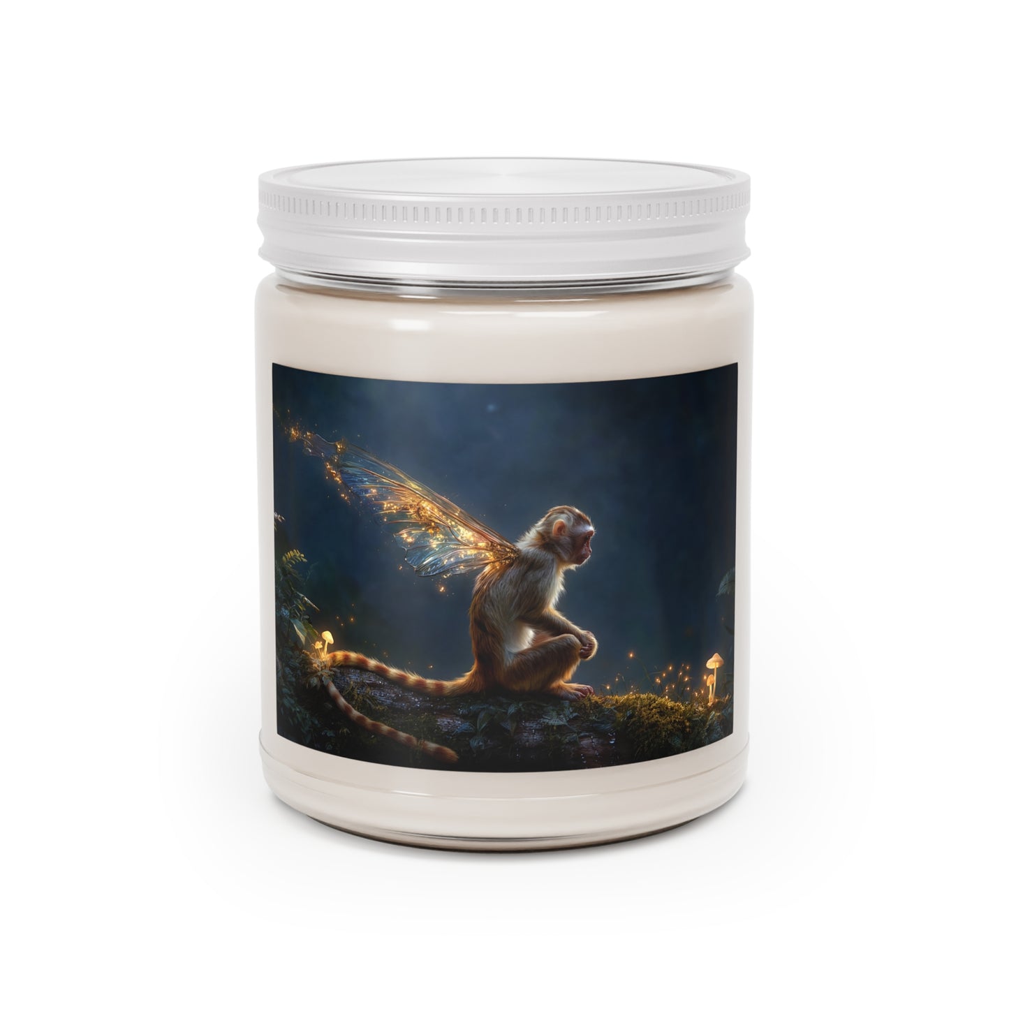 Whispering Forest Monkey Scented Soy Candles with White Lid, 9oz – Golden Winged Guardian of the Night