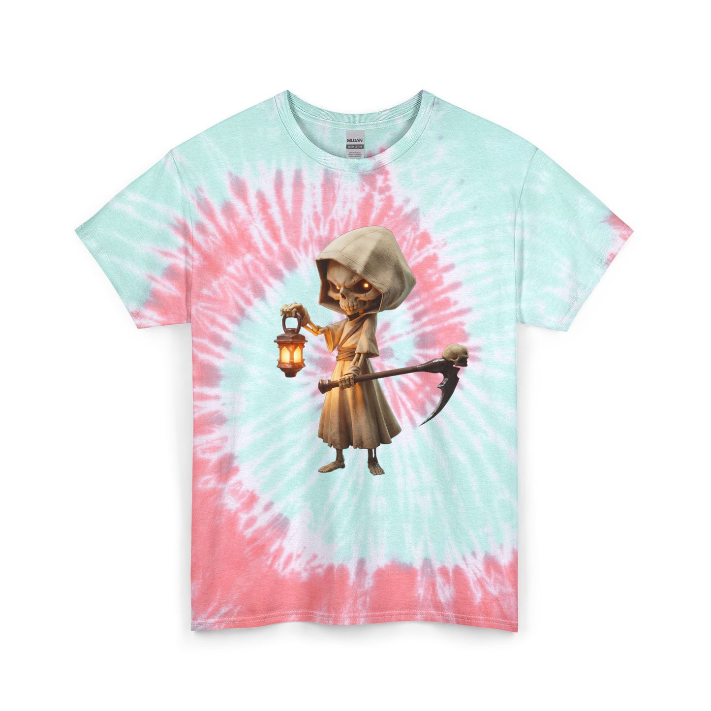 Lantern Guardian Unisex Tie Dye Cotton Tee – Hooded Reaper with Skull Scythe and Glow