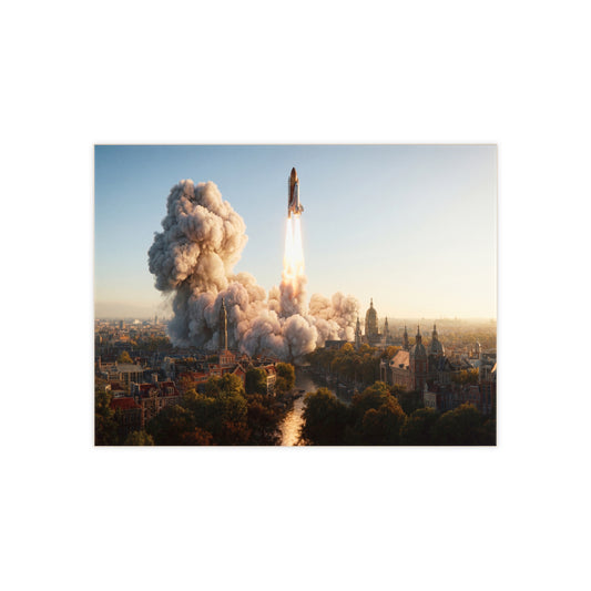 Rocket Launch Over Amsterdam Canals Ceramic Photo Tile – Dawn’s First Flight Through Brick and Water