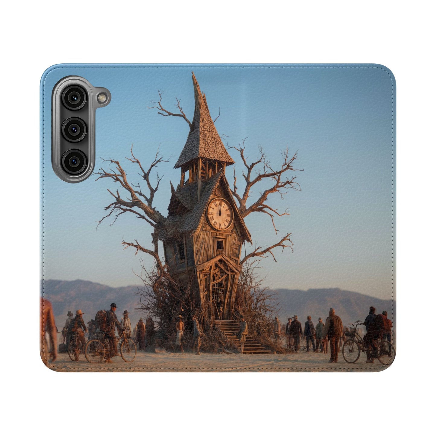 Clocktower Wanderers Flip Cases – Dusty Desert Sentinel Scene