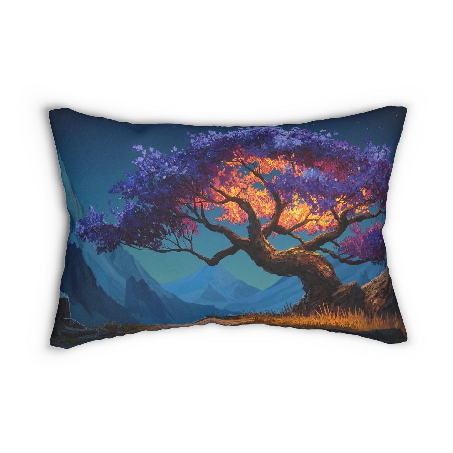 Celestial Tree Spun Polyester Lumbar Pillow – Twilight Bloom Dreamscape