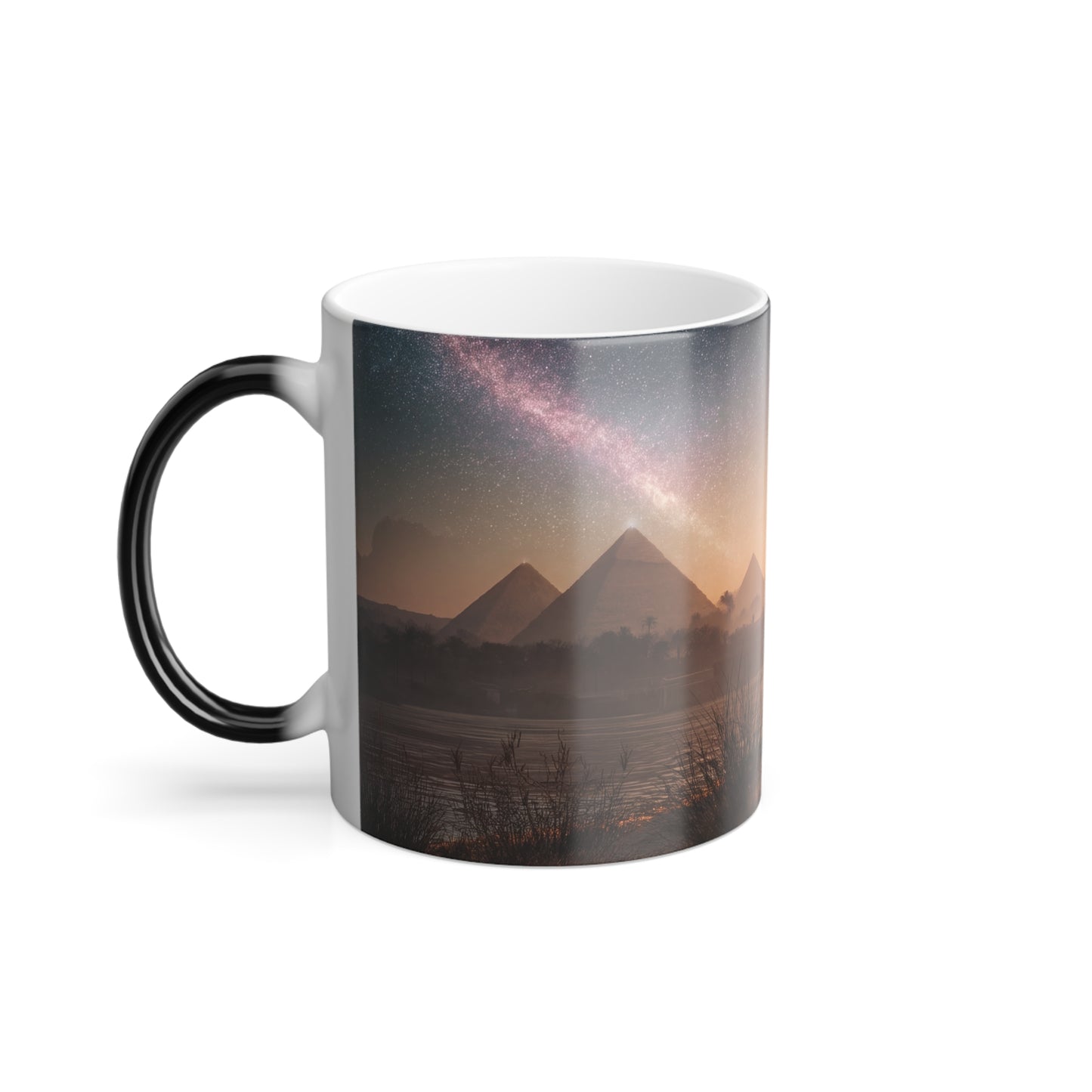 Twin Cats Gazing at Pyramids Color Morphing Mug, 11oz – Desert Stargazers with Milky Way Vista