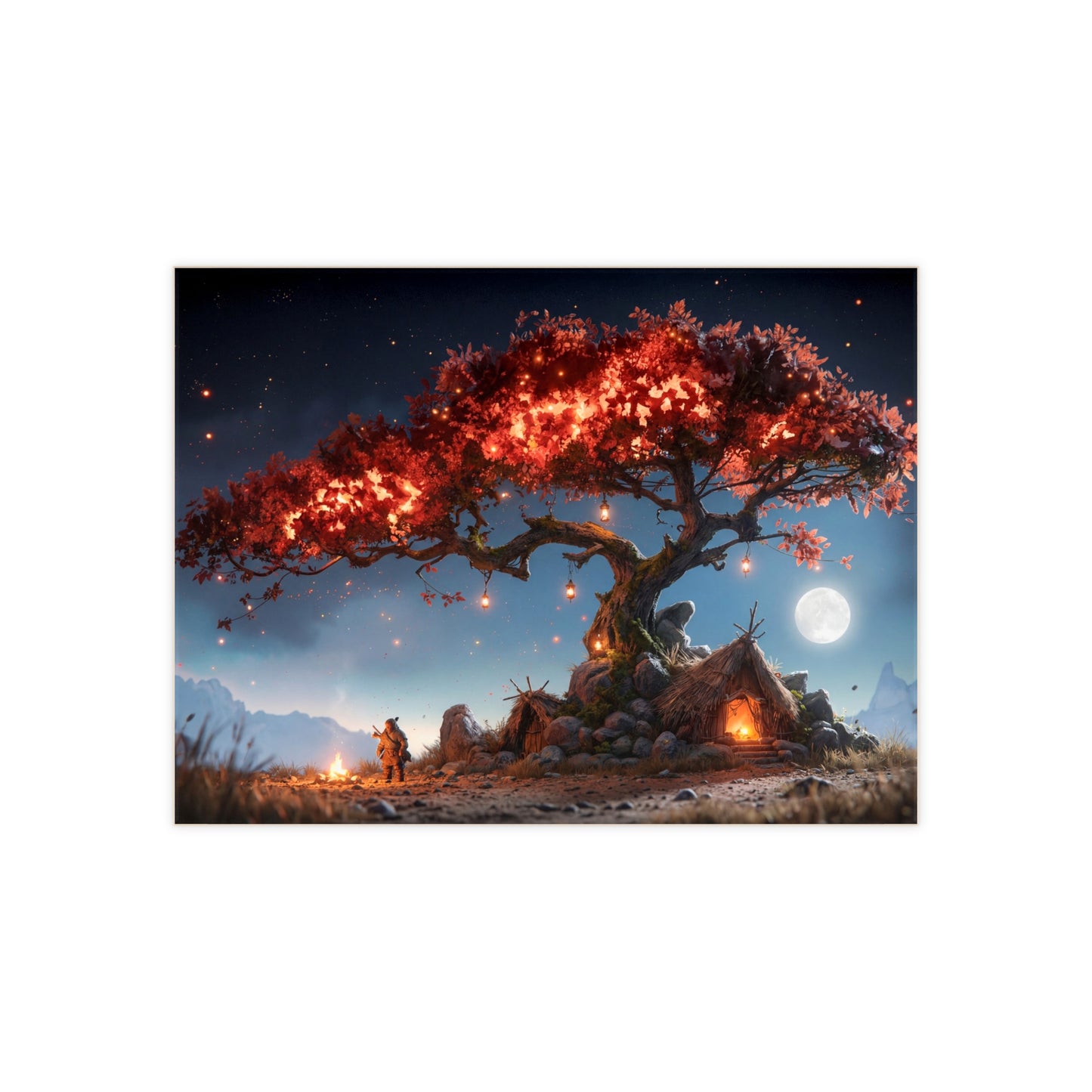Whispering Ember Tree Ceramic Photo Tile – Moonlit Hearth Under a Burning Canopy