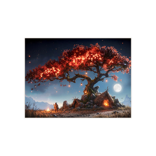 Whispering Ember Tree Ceramic Photo Tile – Moonlit Hearth Under a Burning Canopy