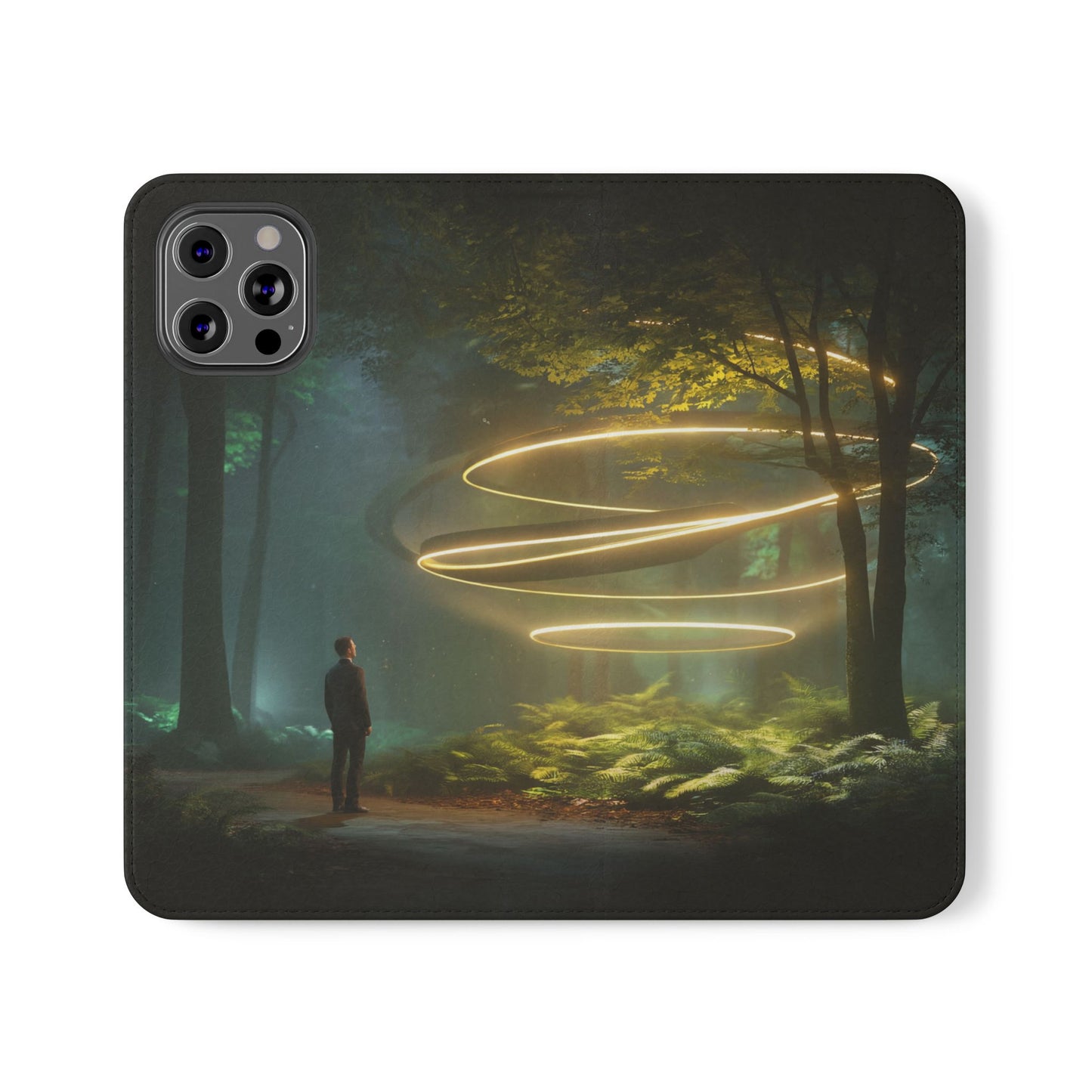 Luminous Spiral Forest Flip Cases – Golden Light Rings Mystery Scene