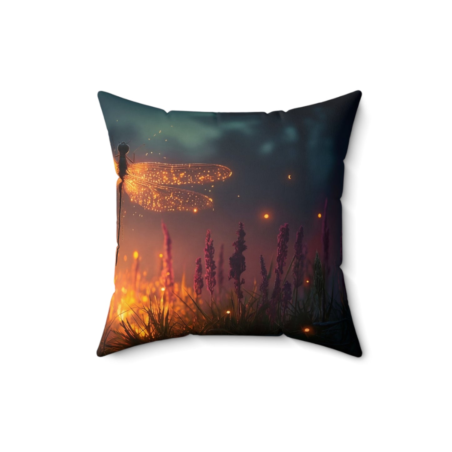 Glowing Dragonfly Spun Polyester Square Pillow – Twilight Meadow Luminescence