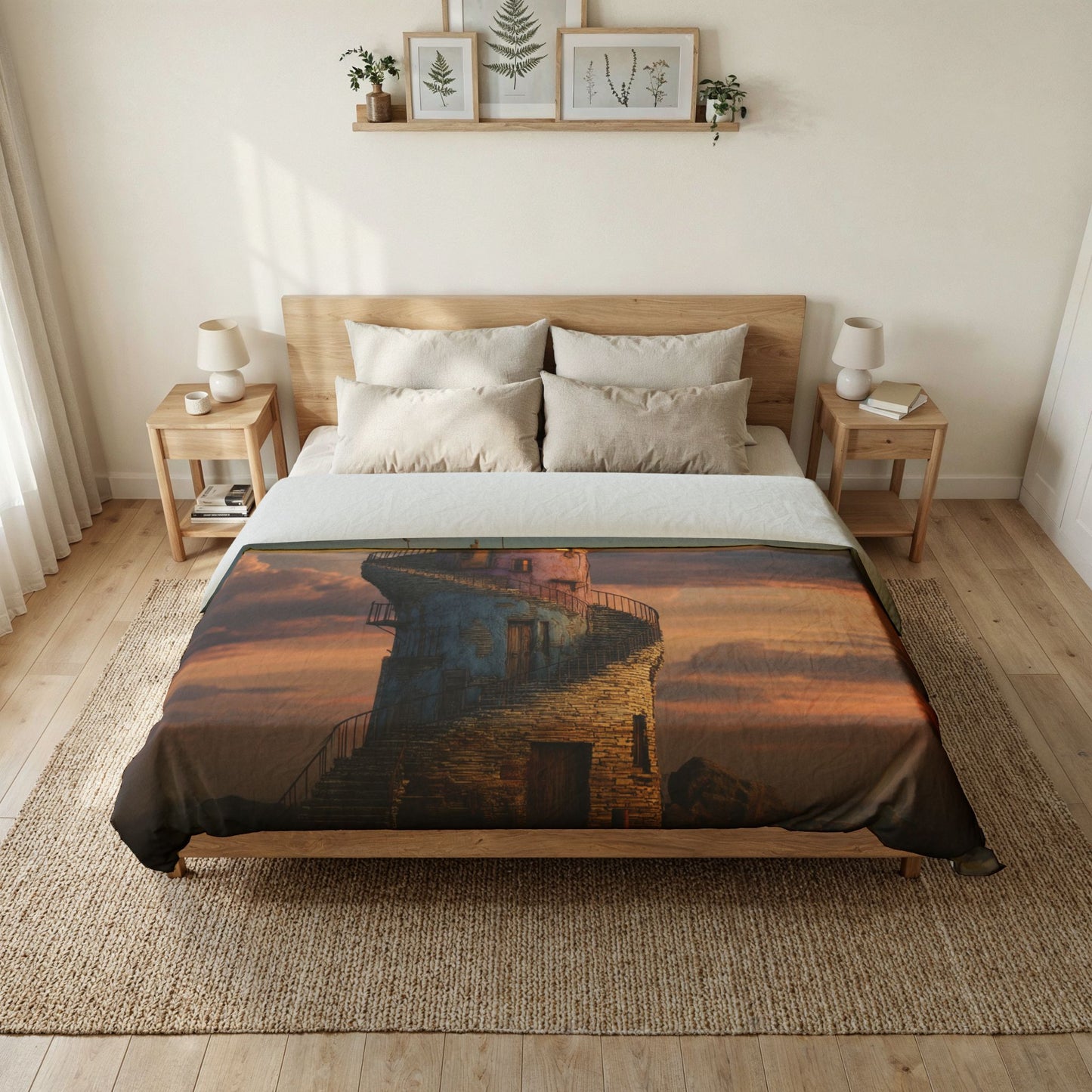 Twilight Spiral Tower Cotton Duvet Cover – Weathered Lighthouse Sunset Dreamscape