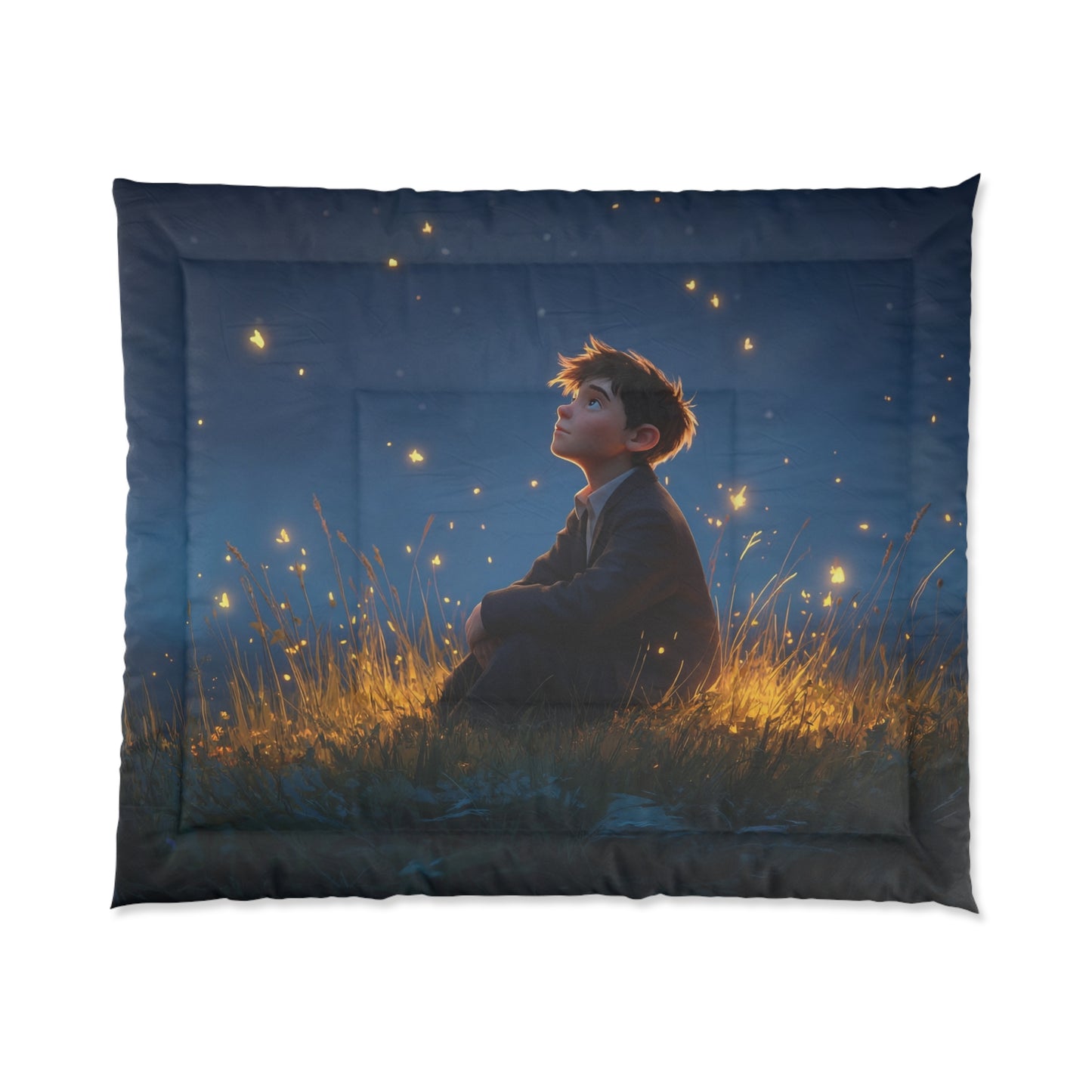 Boy Among Fireflies Comforter – Twilight Meadow Dreamscape