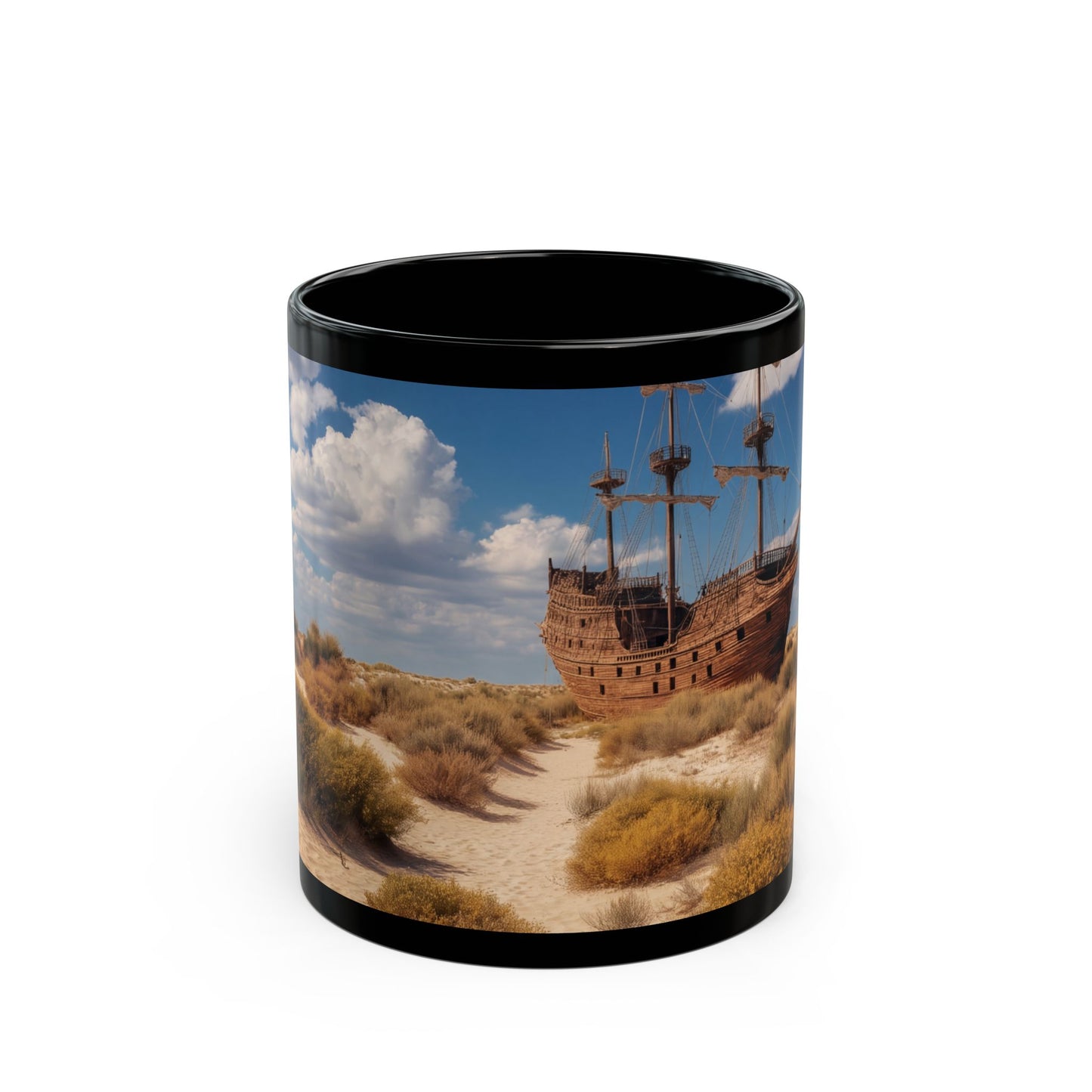 Desert Shipwreck Black Mug – Sun-Drenched Sand and Salted Skies