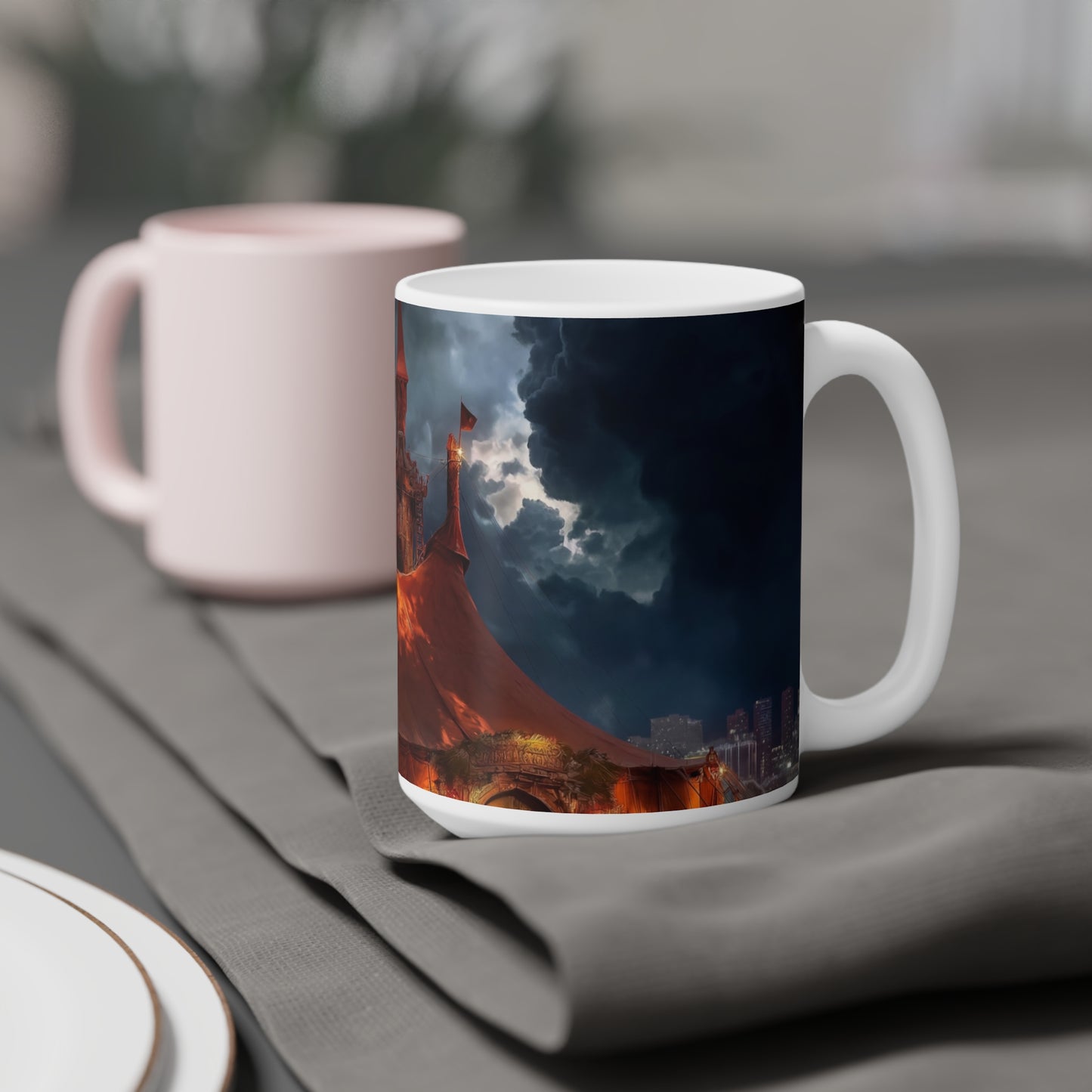 Crimson Circus Tent Mugs – Neon Nightscape Under Stormy Skies
