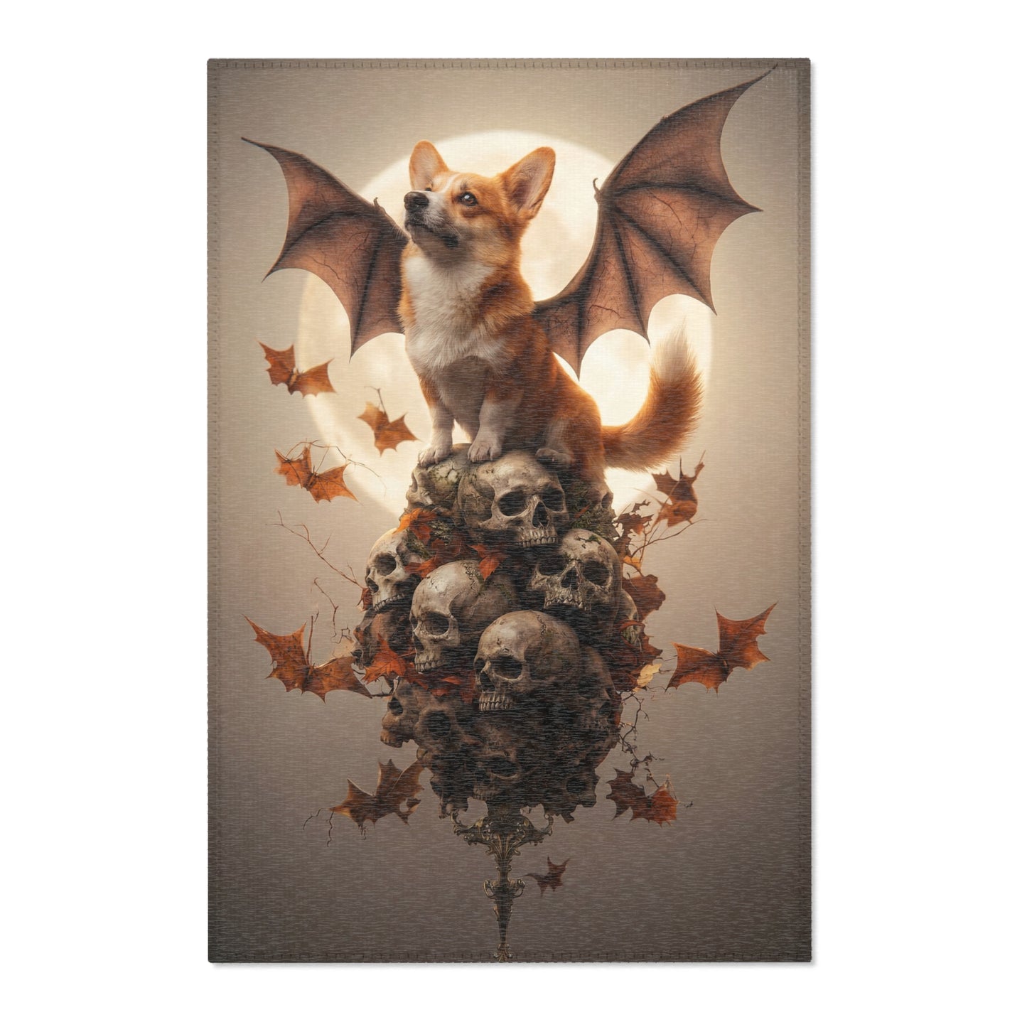 Batwing Corgi Area Rug – Moonlit Skull Throne Fantasy