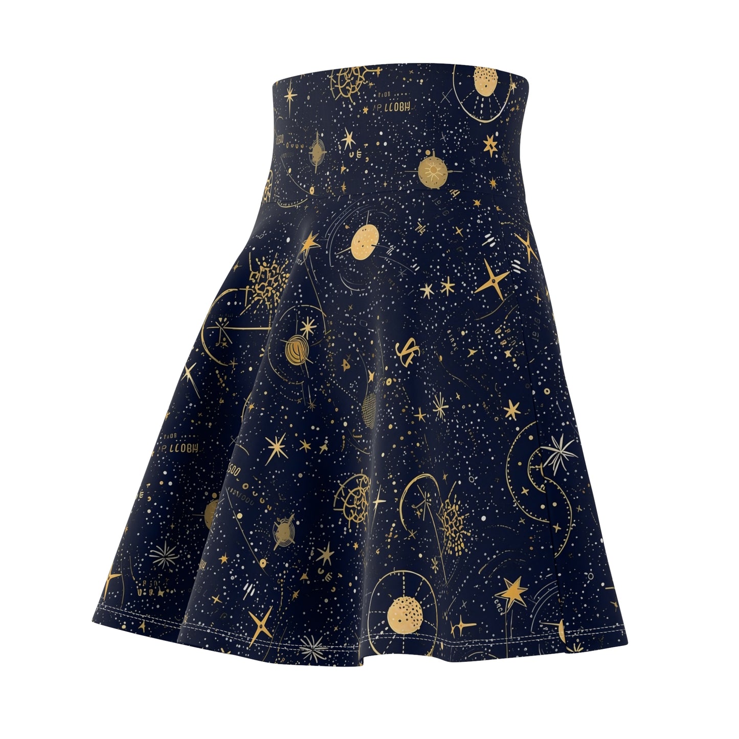 "A detailed star map pattern with constellations interconnected by delicate lines, using a color palette of deep indigo, midnight blue, and accents of silver and gold." - Women's Skater Skirt