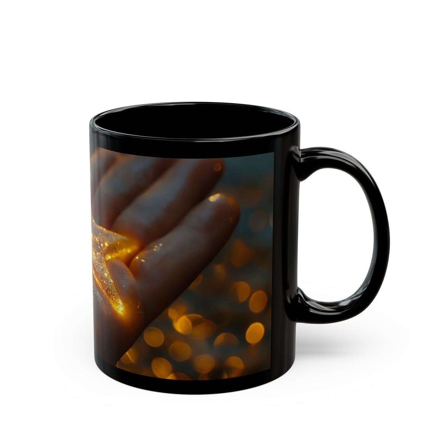 Glowing Star in Hand Black Mug – Warmth of a Held Wish