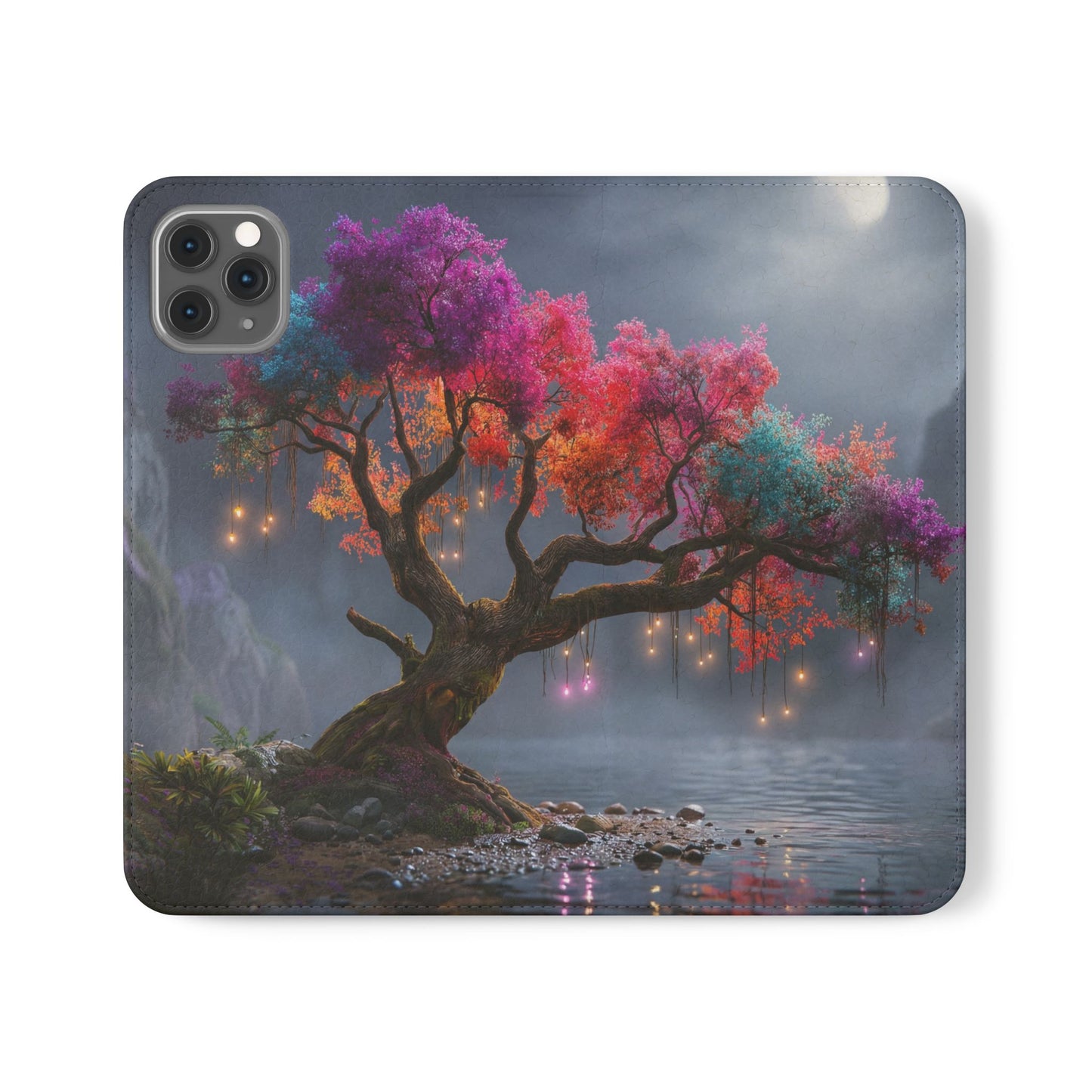 Chromatic Canopy Flip Cases – Rainbow Tree Moonlit Waterfall Scene