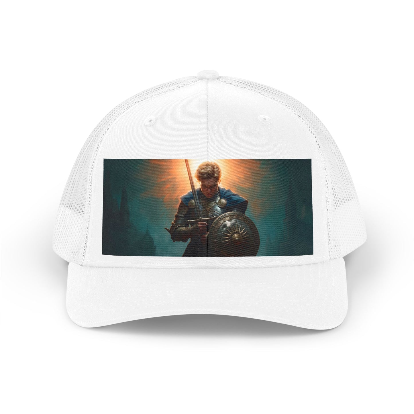 Dawnblade Knight Trucker Retro Hat – Radiant Resolve in Bronze and Blue
