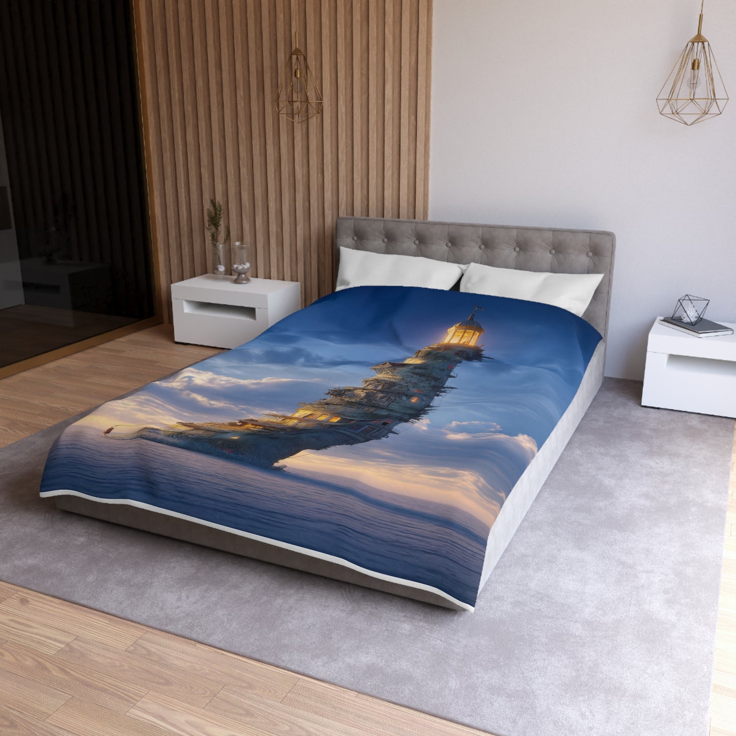 Skyward Lighthouse Microfiber Duvet Cover – A Beacon Through Twilight Clouds
