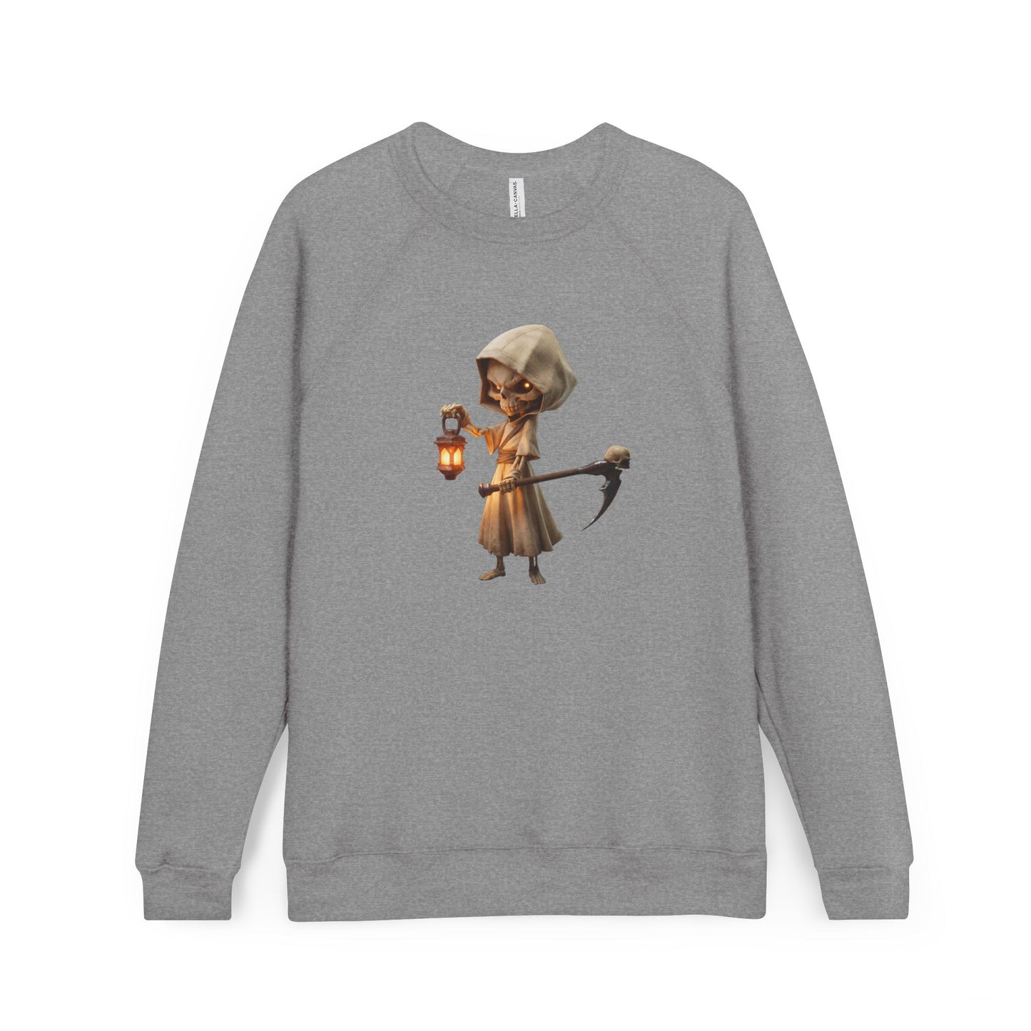 Lantern-Bearing Skeleton Sentinel Sweatshirt – Hooded Reaper with Scythe and Warm Glow