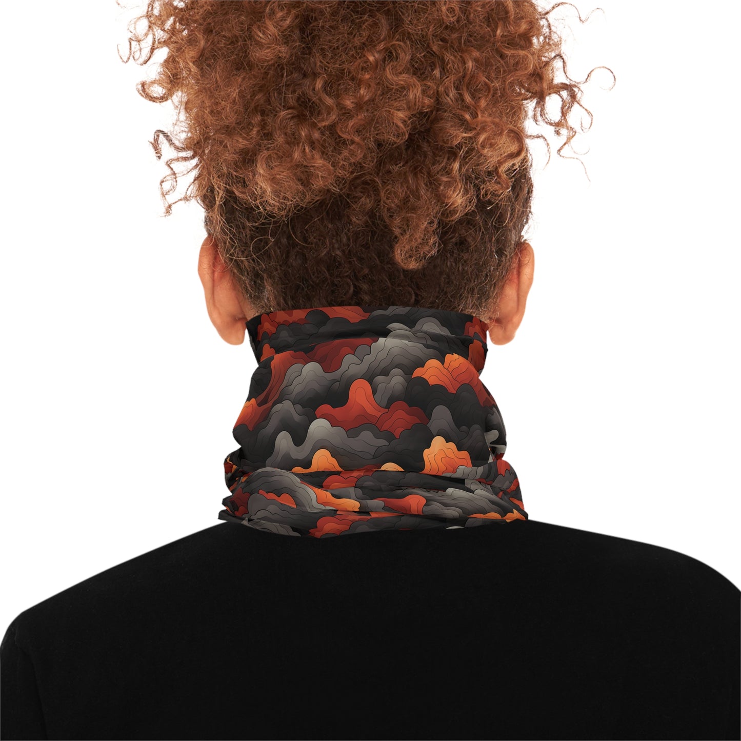 "A bold tiling pattern of angular, zig-zagging lines suggesting flames in red and orange tones overlaid on clouds of gray and black smoke" - Lightweight Neck Gaiter