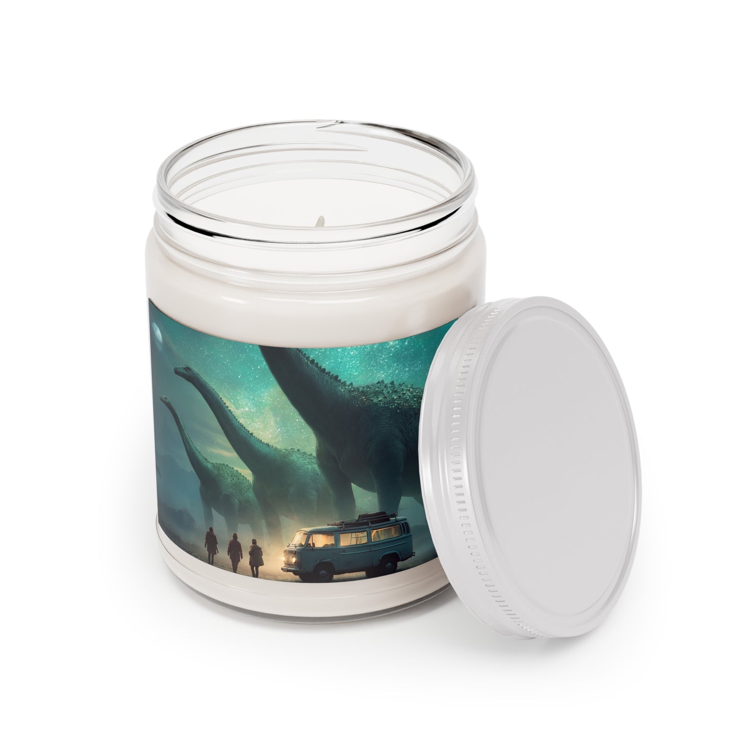 Dinosaur Encounter Scented Soy Candles with White Lid, 9oz – Moonlit Campground Whispers