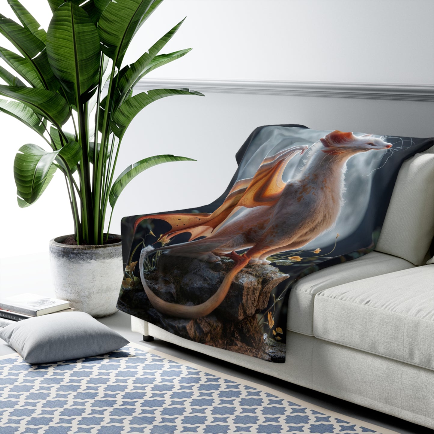 Moonlit Dragon Cat Sherpa Fleece Blanket – Crescent Guardian Dreamscape