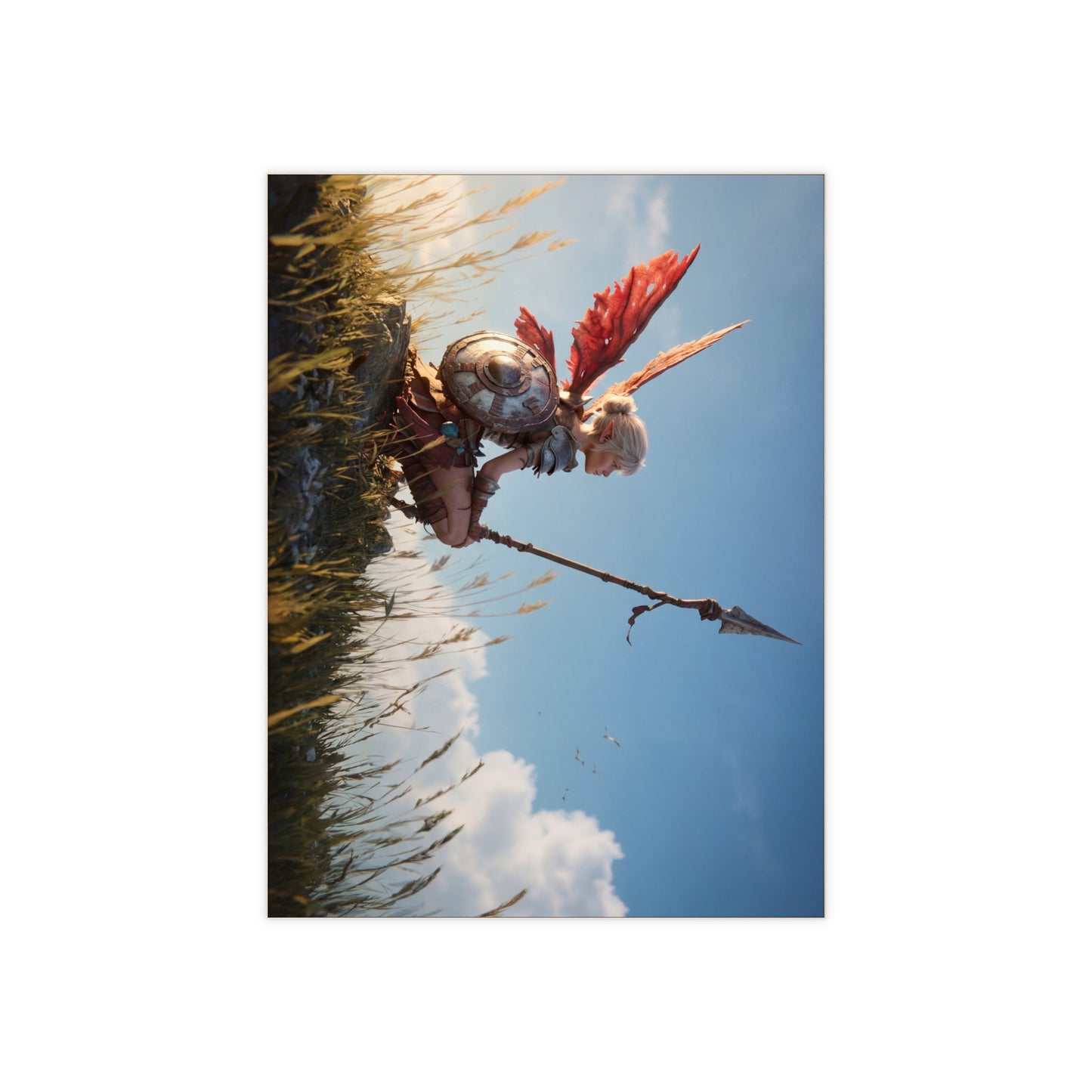 Warrior Angel in Sunset Grass Ceramic Photo Tile – Guardian of the Whispering Hills