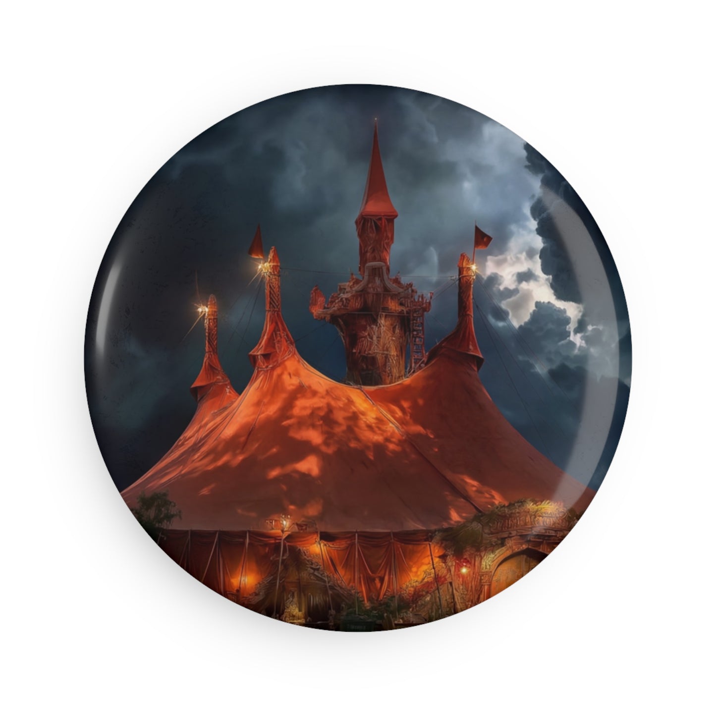 Crimson Circus Tent Button Magnet, Round (1 & 10 pcs) – Neon Nightscape Under Storm Clouds