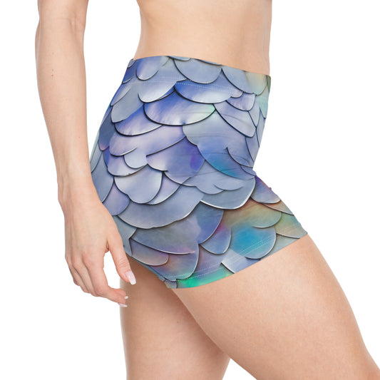 shimmering intricate iridescent rainbow opalescent incandescent stained glass white dragon scales - Women's Shorts (AOP)