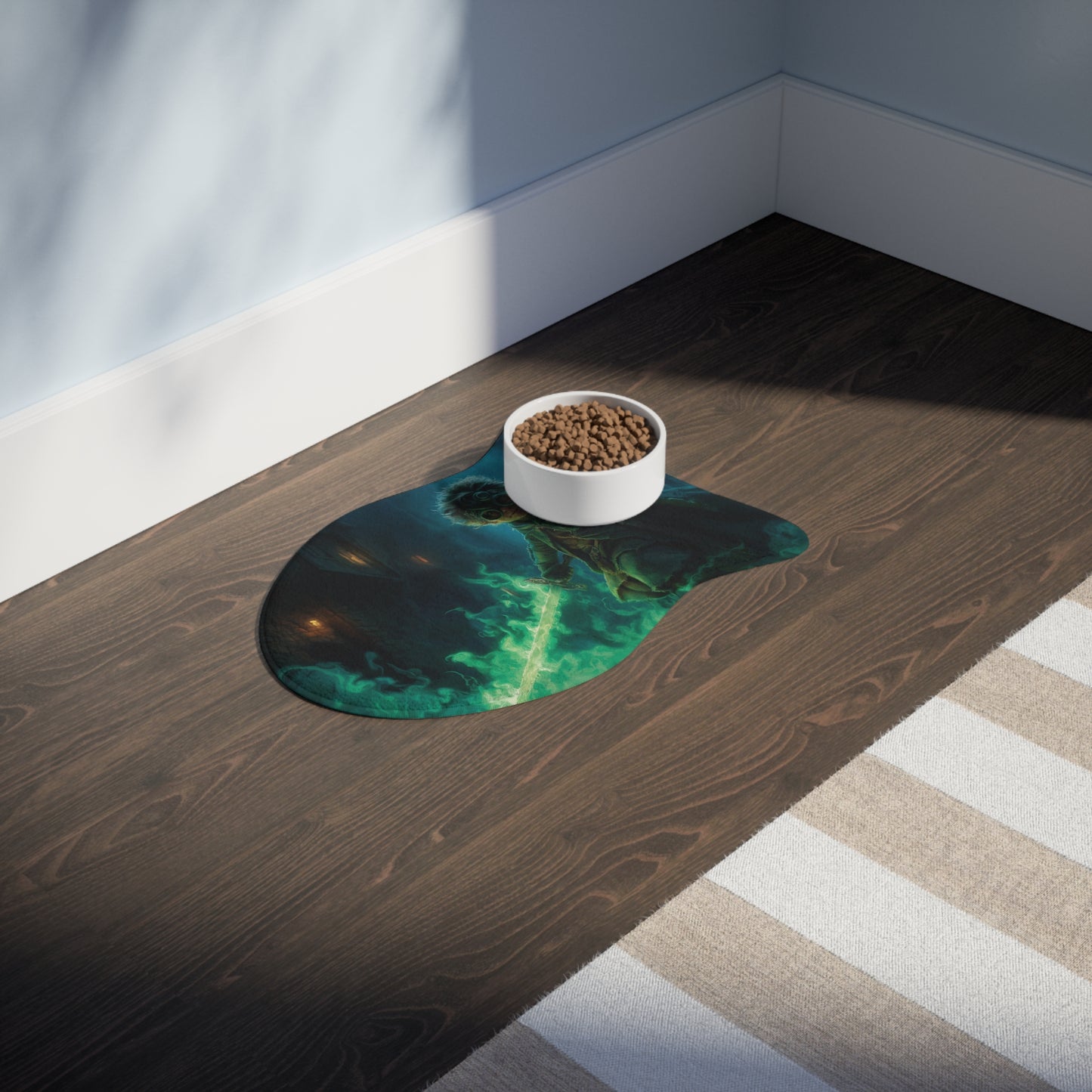 Gnome Guardian Pet Feeding Mats – Emerald Flame Sentinel