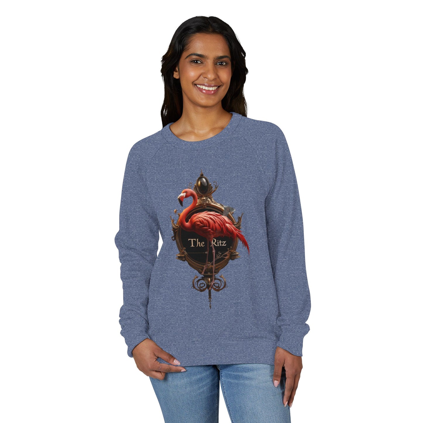 The Ritz Flamingo Unisex French Terry Raglan Crewneck – Gilded Frame and Crimson Feathers Graphic Sweatshirt