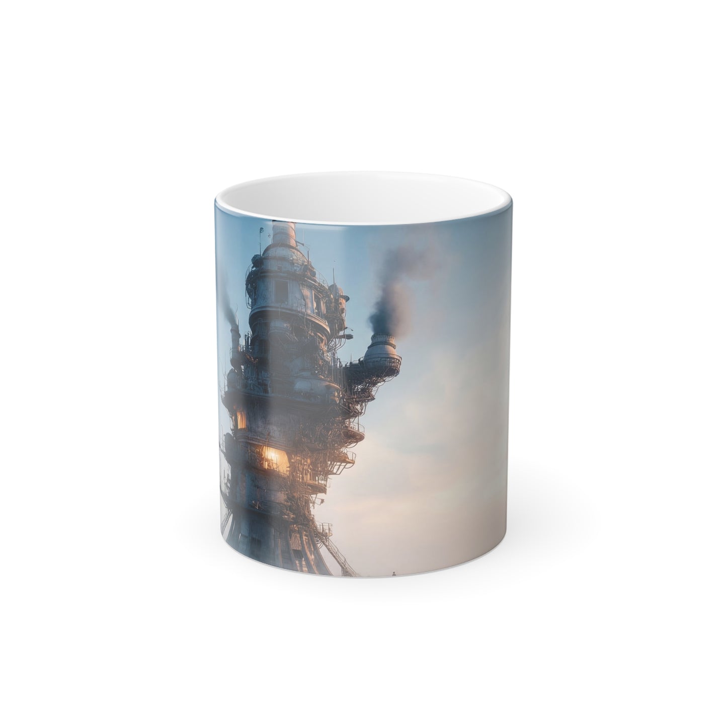 Solitary Watchtower Mug – Steam-Rising Industrial Ruin Scene