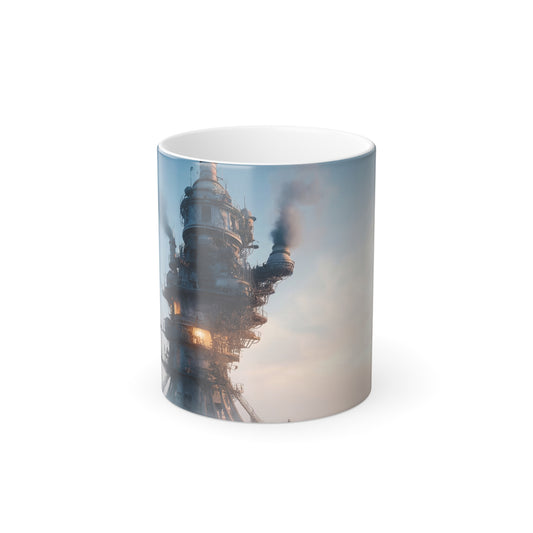 Solitary Watchtower Mug – Steam-Rising Industrial Ruin Scene