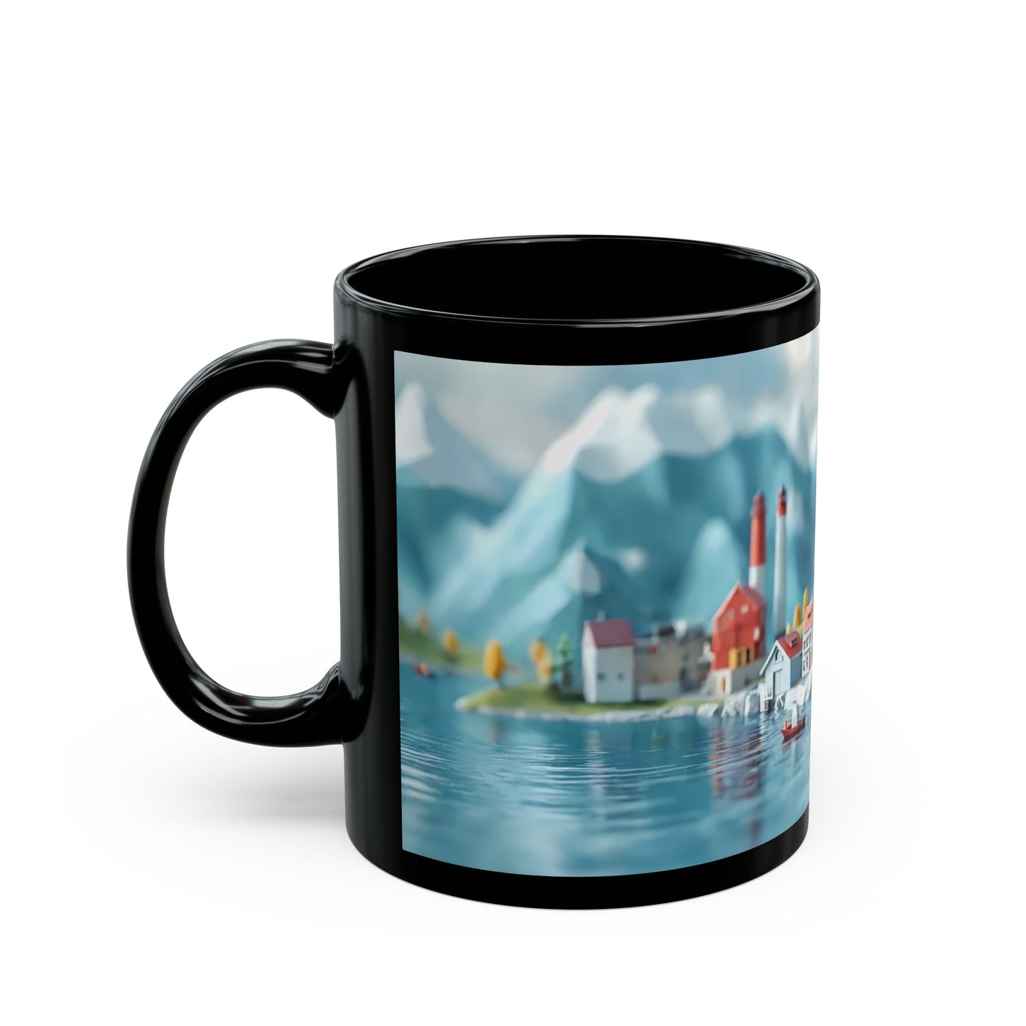 Paperfold Harbor Black Mug – Alpine Coastline Miniature Dreamscape