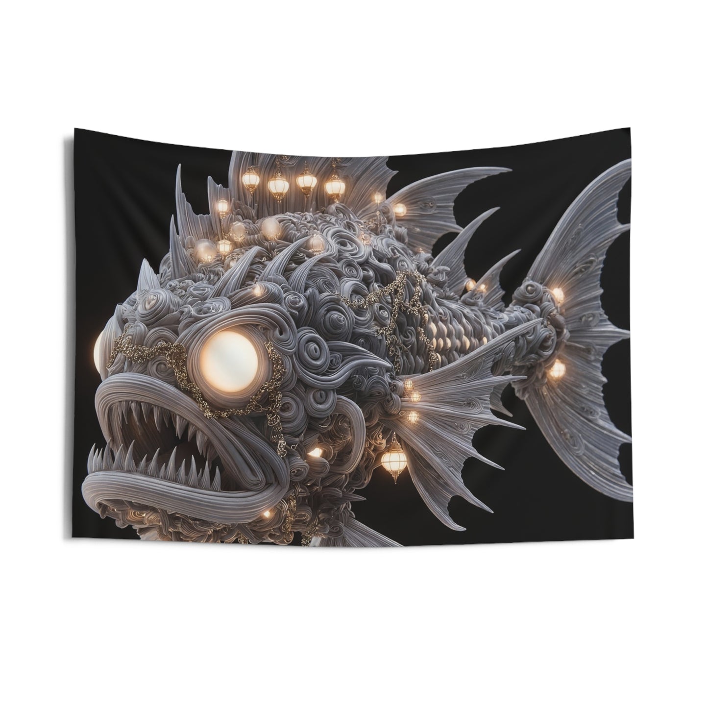 Luminous Deep-Sea Guardian Fish Tapestry – Abyssal Lanterns Against Void
