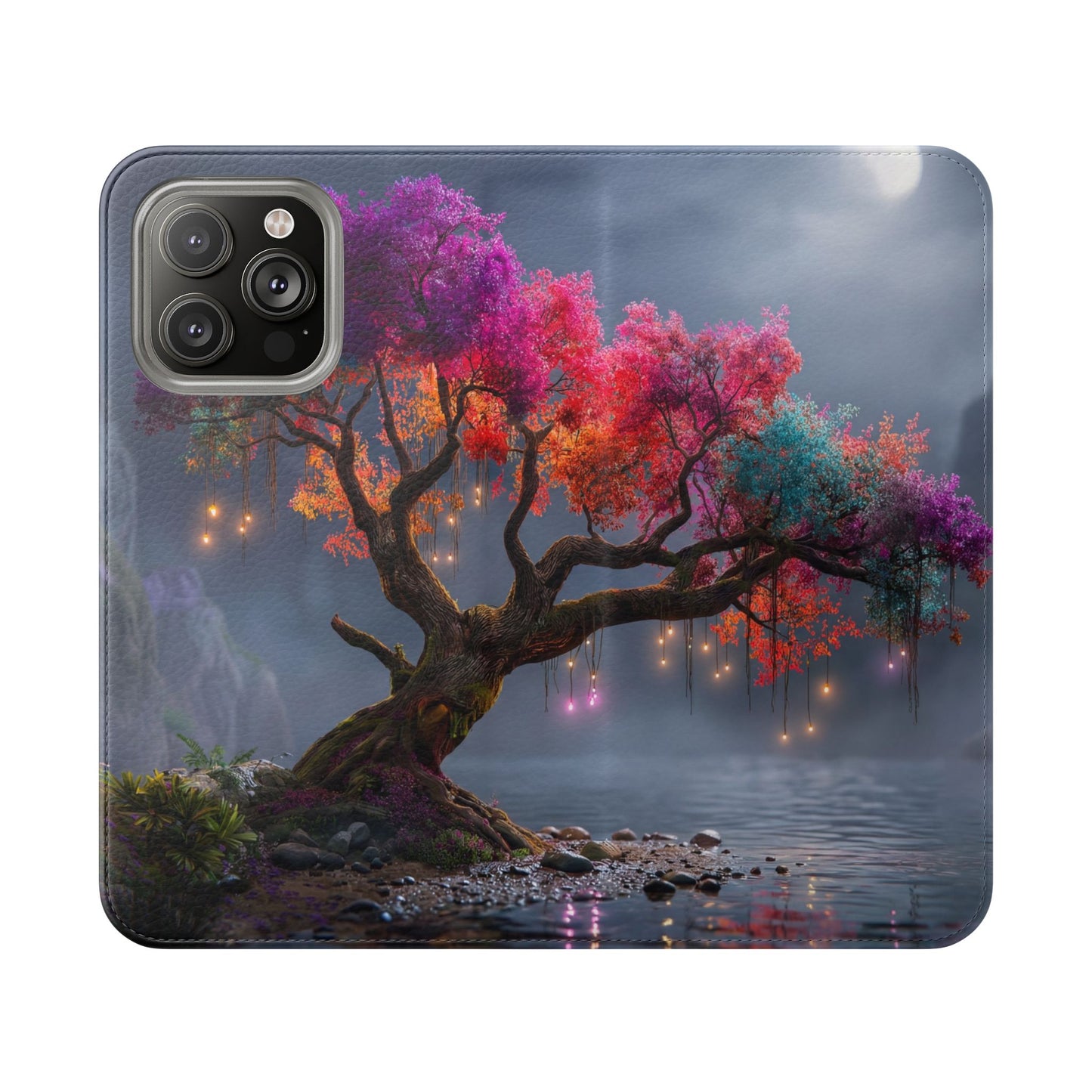 Chromatic Canopy Flip Cases – Rainbow Tree Moonlit Waterfall Scene