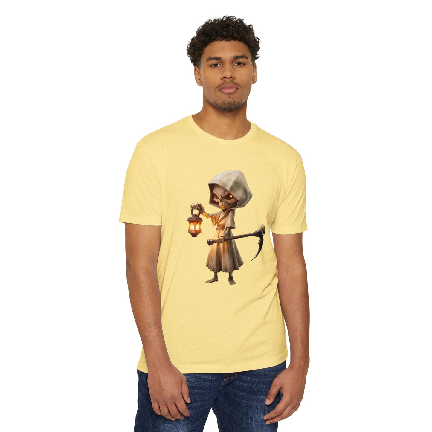 Lantern-Bearing Grim Reaper T-shirt – Hooded Sentinel with Scythe