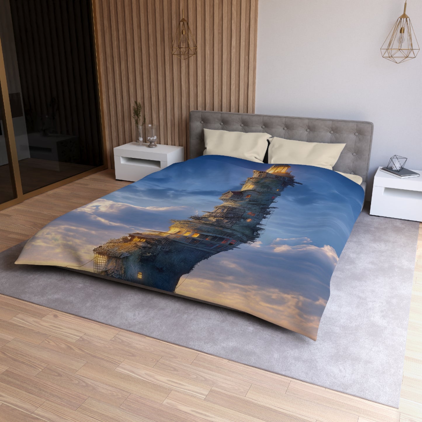 Skyward Lighthouse Microfiber Duvet Cover – A Beacon Through Twilight Clouds
