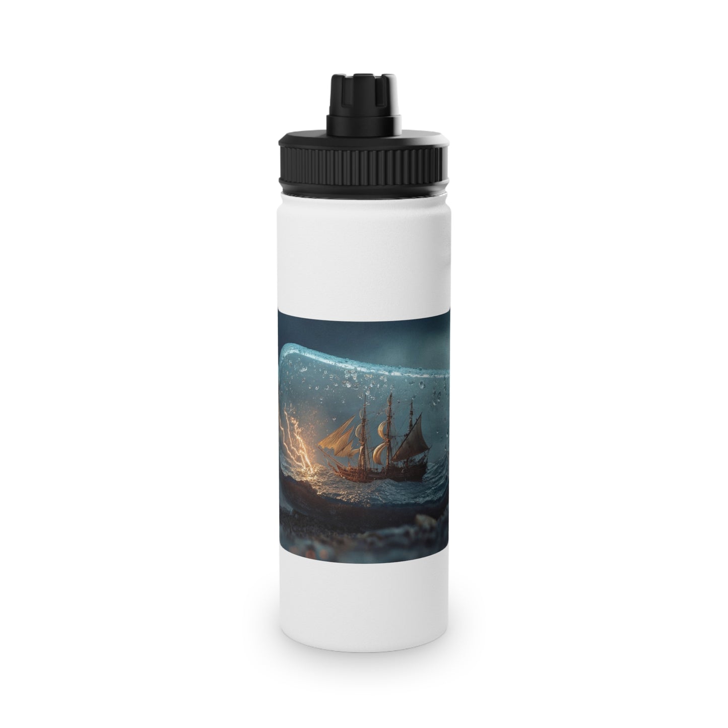 Storm-Sailed Ship in Bottle Stainless Steel Water Bottle, Sports Lid – Captured Tempest at Sea