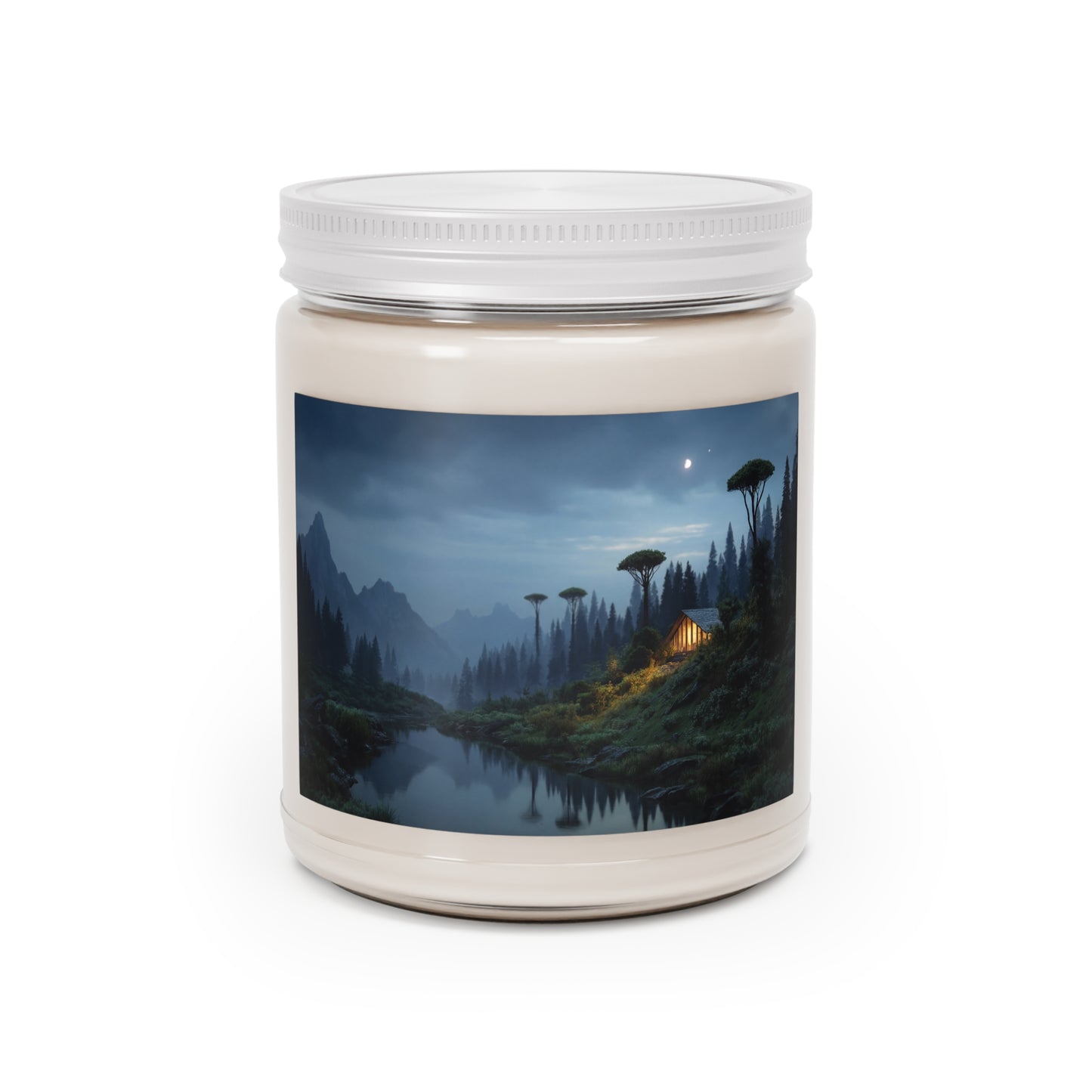 Mountain Lodge at Moonrise Scented Soy Candles with White Lid, 9oz – Warm Light in a Whispering Valley