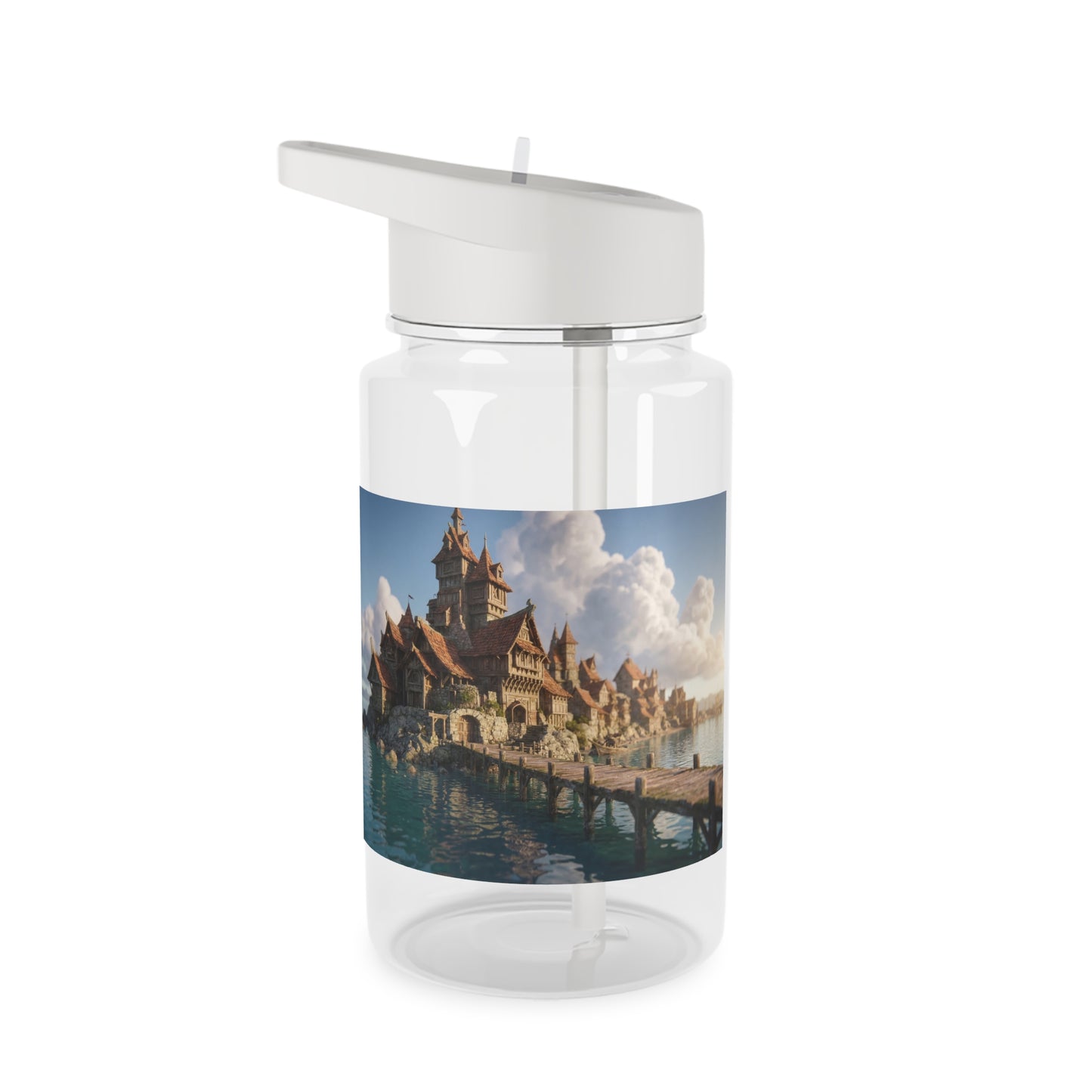 Ancient Waterfront Village Tritan Water Bottle – Cobblestone Coast & Twilight Tide