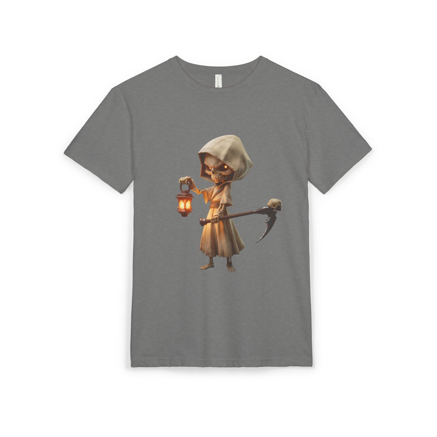 Lantern-Bearing Skeleton Sentinel Unisex Sueded T-Shirt – Gentle Guardian with Skull-Top Scythe and Warm Glow