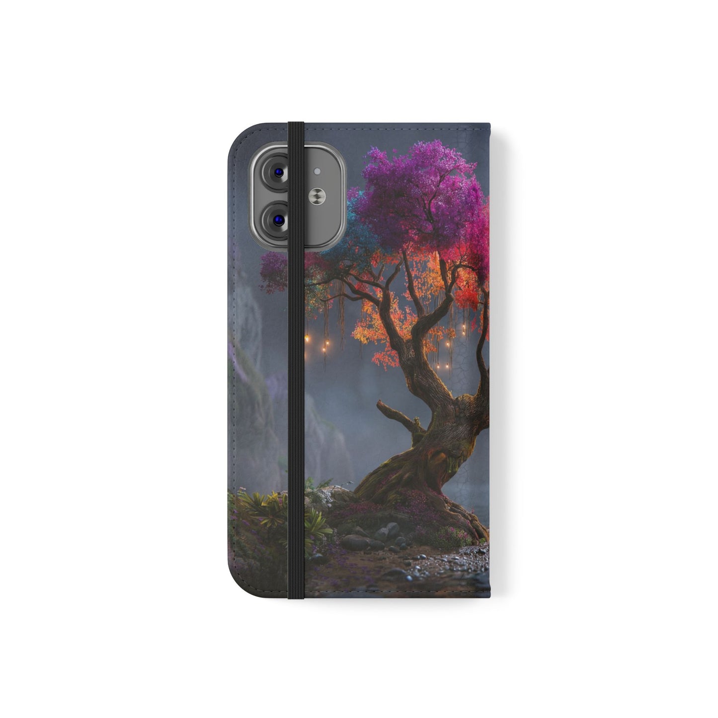 Chromatic Canopy Flip Cases – Rainbow Tree Moonlit Waterfall Scene