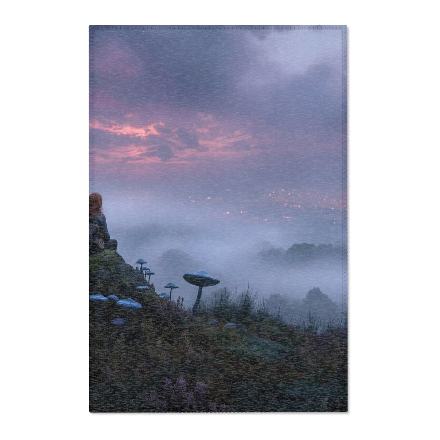 Moonlit Sentinel Area Rugs – Crimson Sky Over Misty Peaks