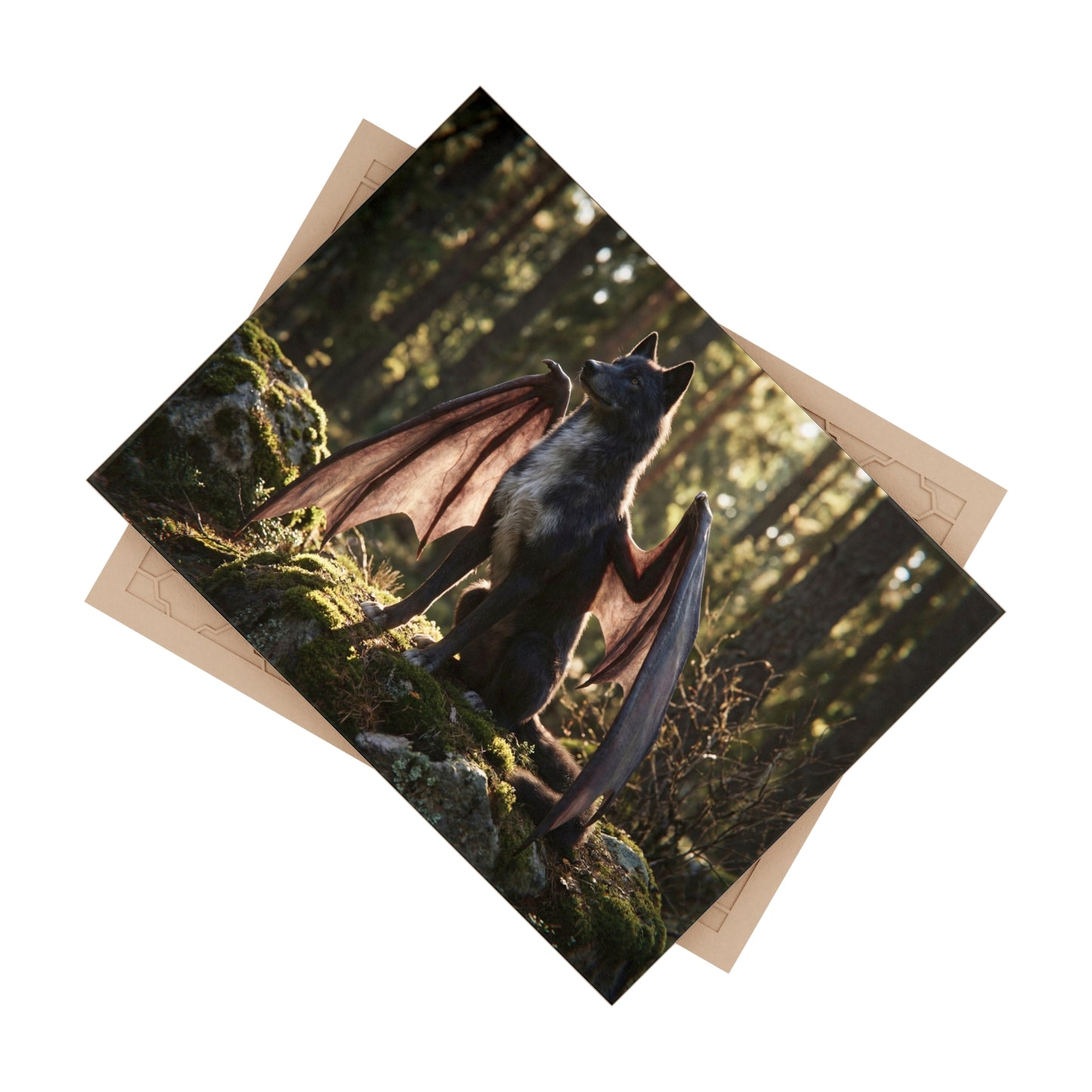 Winged Wolf in Sunlit Forest Ceramic Photo Tile – Guardian of the Mossy Glade