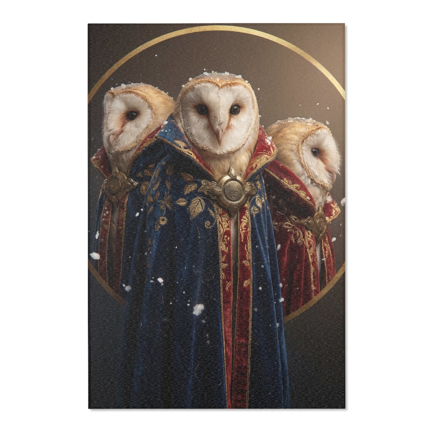 Three Owls in Velvet Robes Area Rug – Snow-Kissed Regal Guardianship