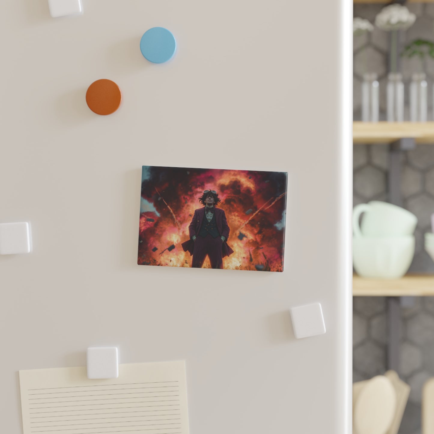 Mad Scientist Amidst Crimson Explosion Button Magnet, Rectangle (1 & 10 pcs) – Calm in the Chaos